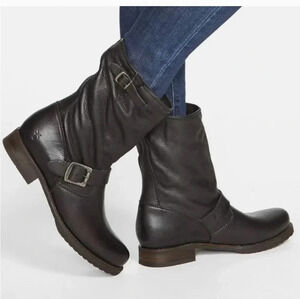 Frye Veronica Short Black Leather Popular Moto Vintage Combat Ankle Boot(6.5)